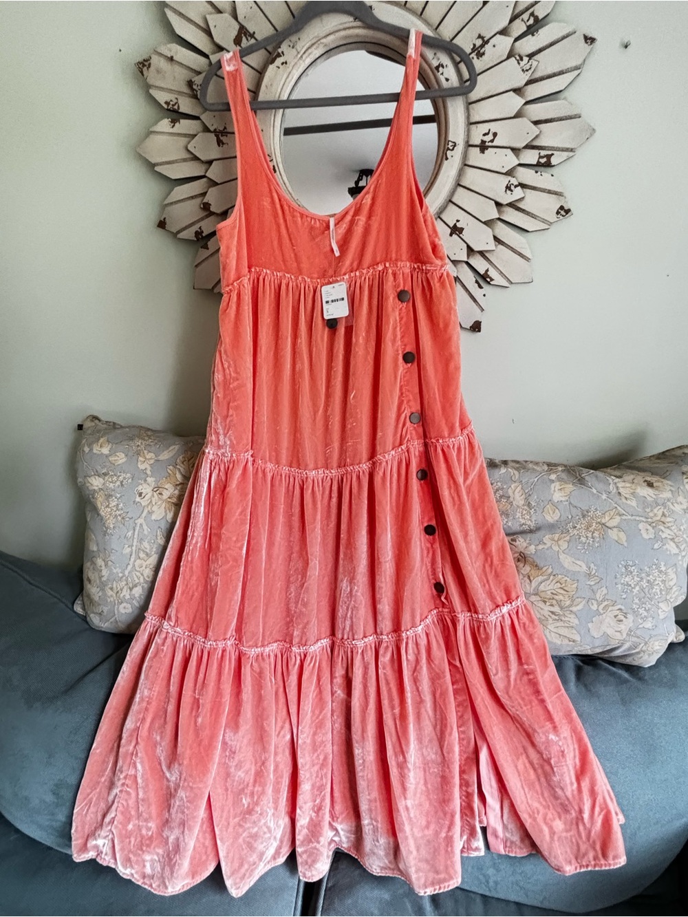 NWT Free People Velvet Tiered Maxi Dress Coral Peach Festival Boho Sz Small